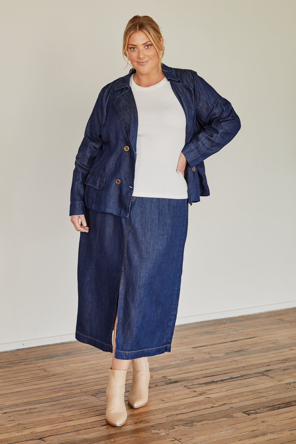 Adrift Split Tencel Skirt in Dark Wash