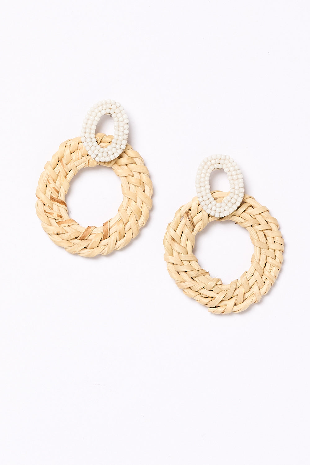 Beaded Circle Weave Earrings in White and Natural
