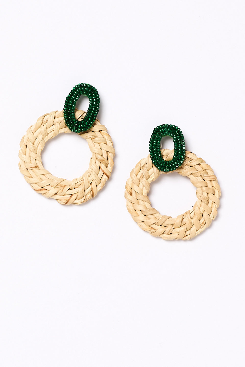 Beaded Circle Weave Earrings in Emerald and Natural