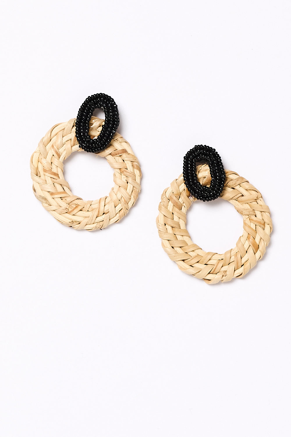 Beaded Circle Weave Earrings in Black and Natural