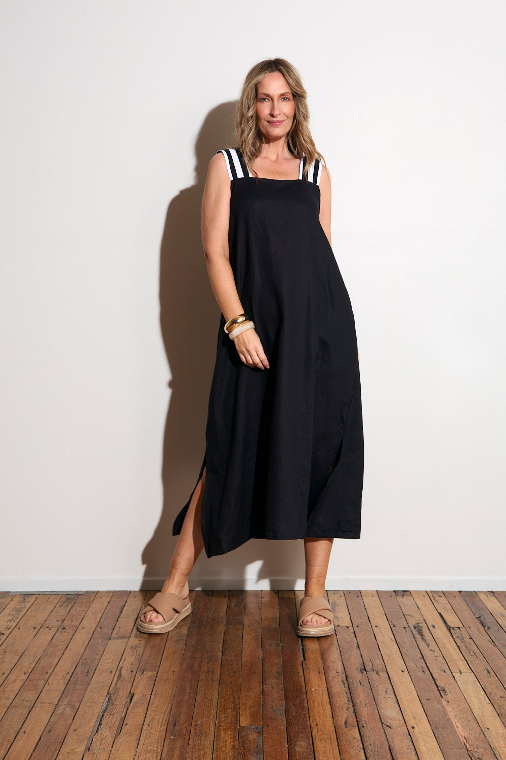 Bec Linen Sundress in Black with White Stitching