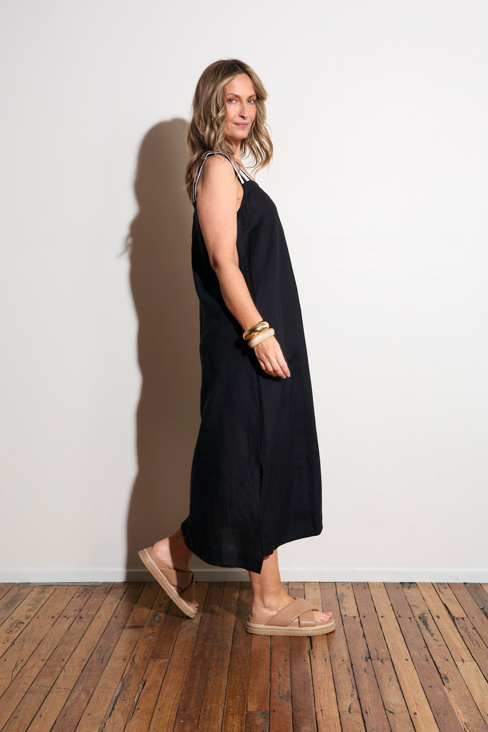 Bec Linen Sundress in Black with White Stitching