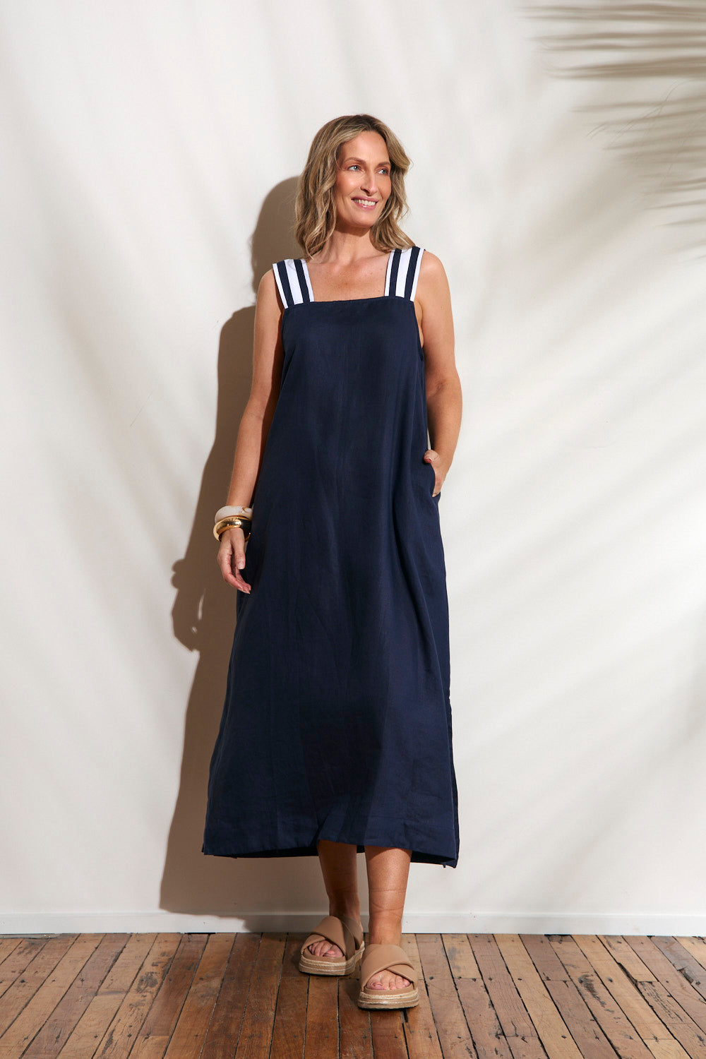 Bec Linen Sundress in Navy with White Stitching