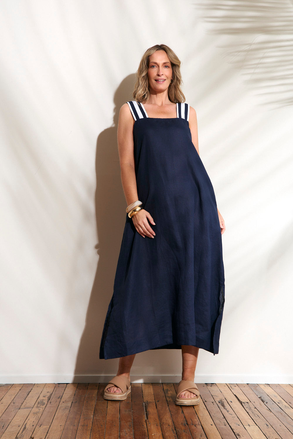 Bec Linen Sundress in Navy with White Stitching