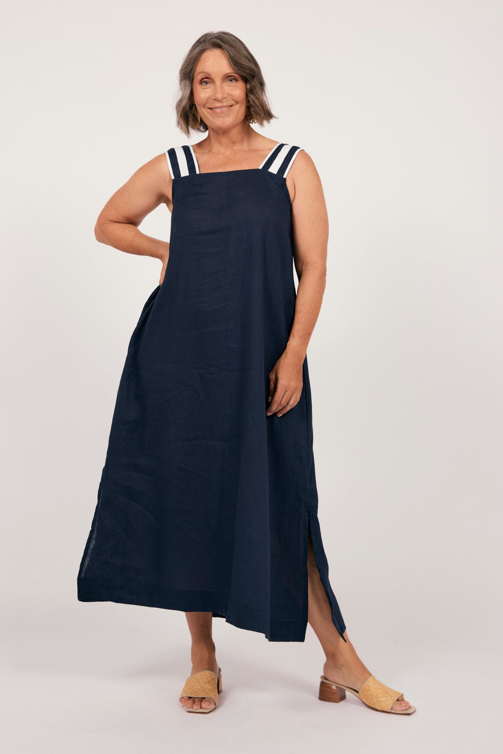 Bec Linen Sundress in Navy with White Stitching