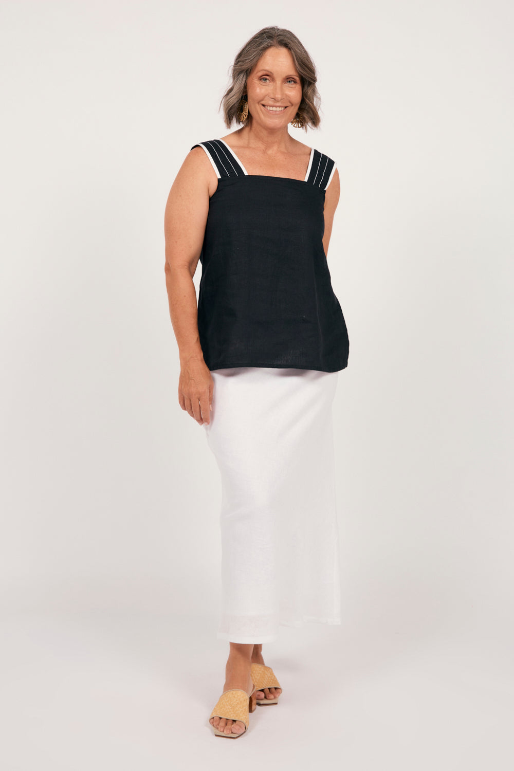 Bec Linen Top in Black with White Stitching