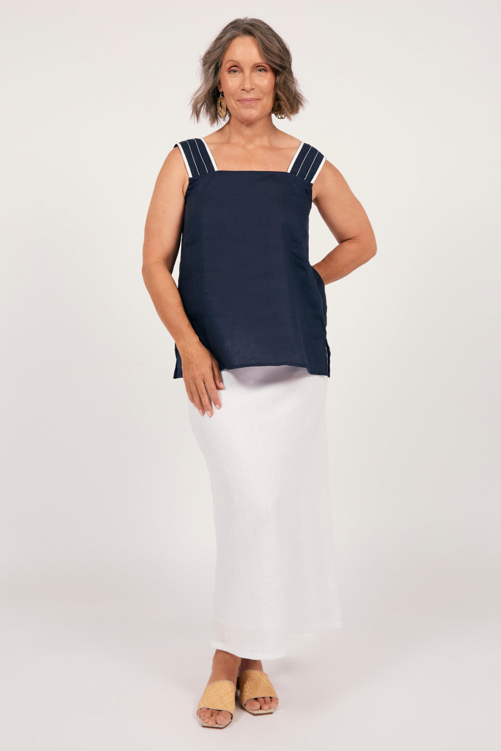 Bec Linen Top in Navy with White Stitching