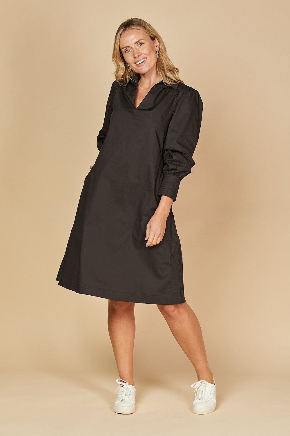 Blaine Collared Poplin Dress in Black