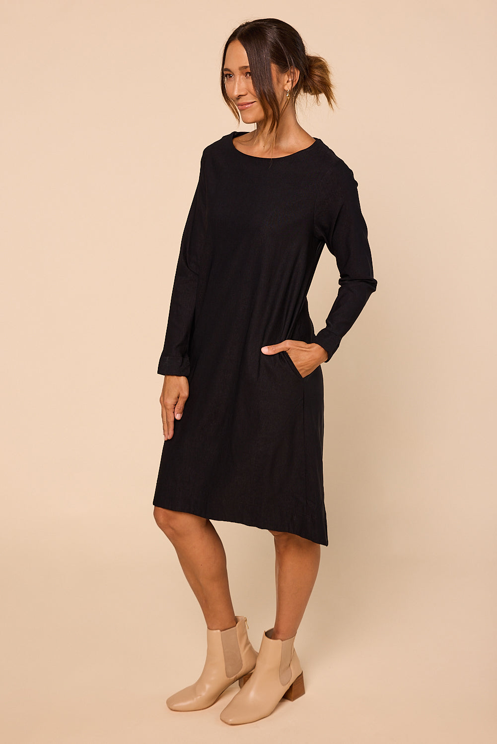 Boatneck Ponte Long Sleeve Dress in Black