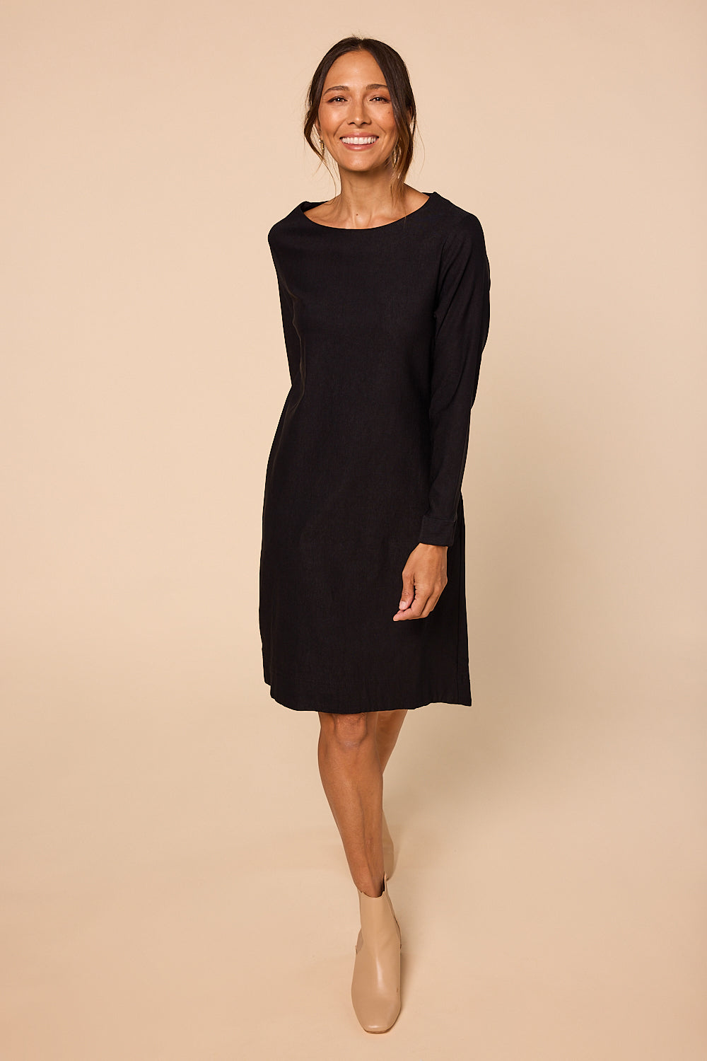 Boatneck Ponte Long Sleeve Dress in Black