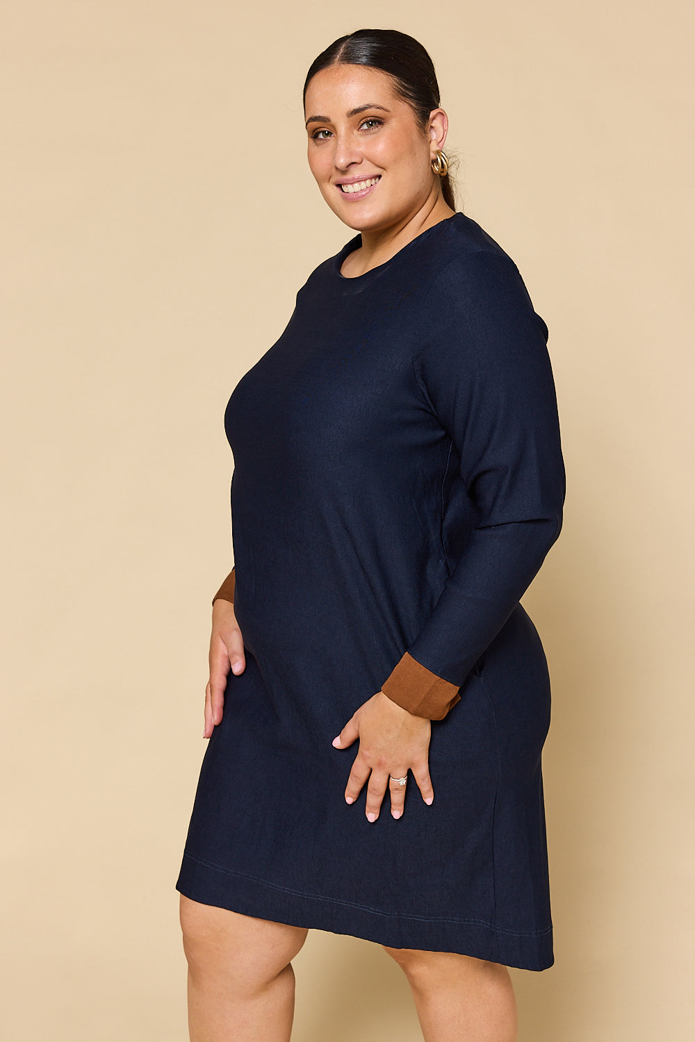 Boatneck Ponte Long Sleeve Dress in Navy