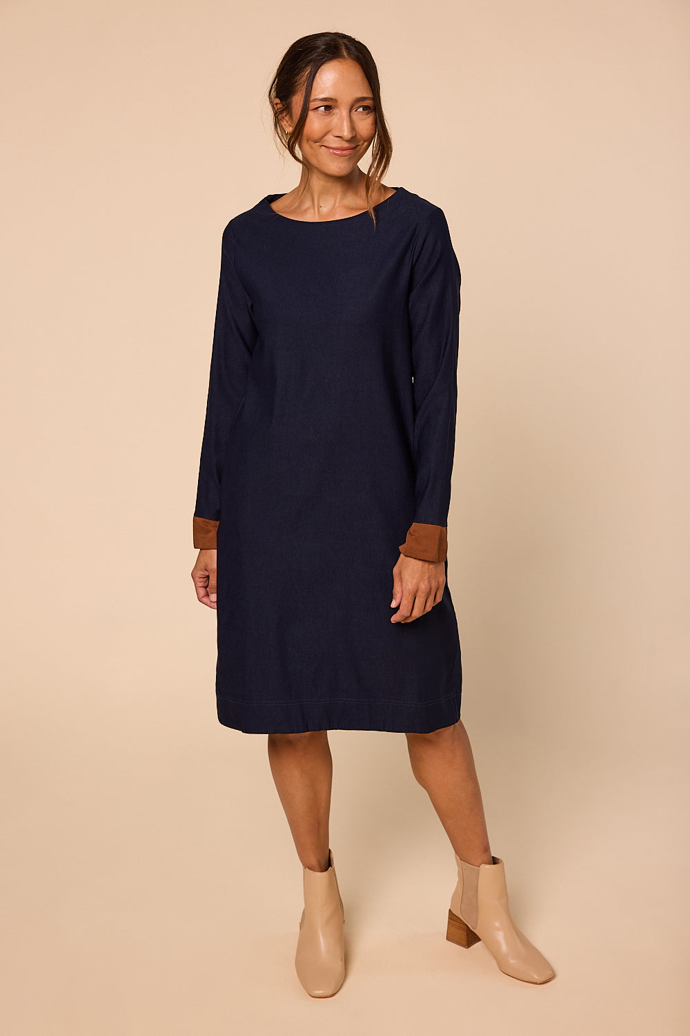 Boatneck Ponte Long Sleeve Dress in Navy