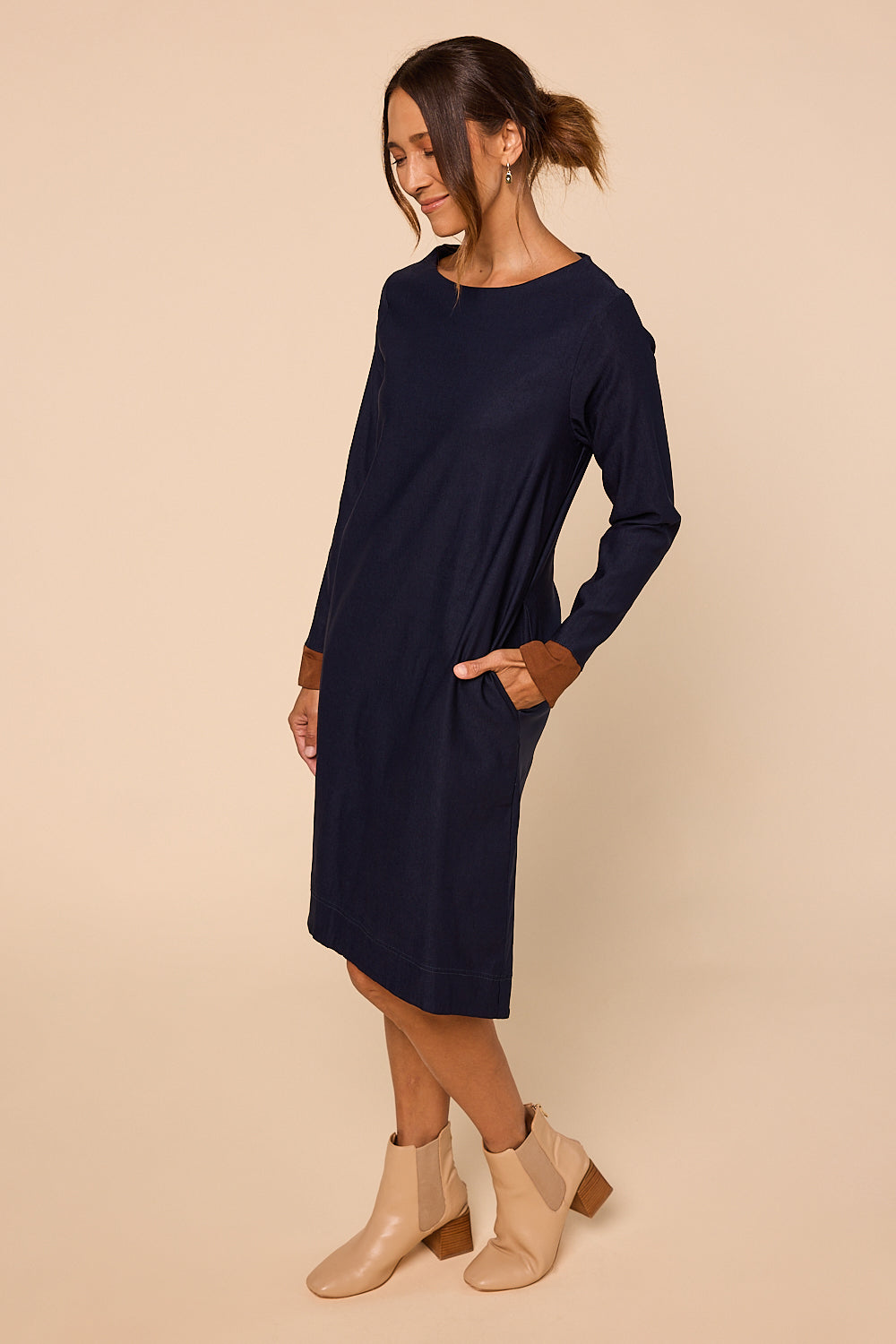 Boatneck Ponte Long Sleeve Dress in Navy