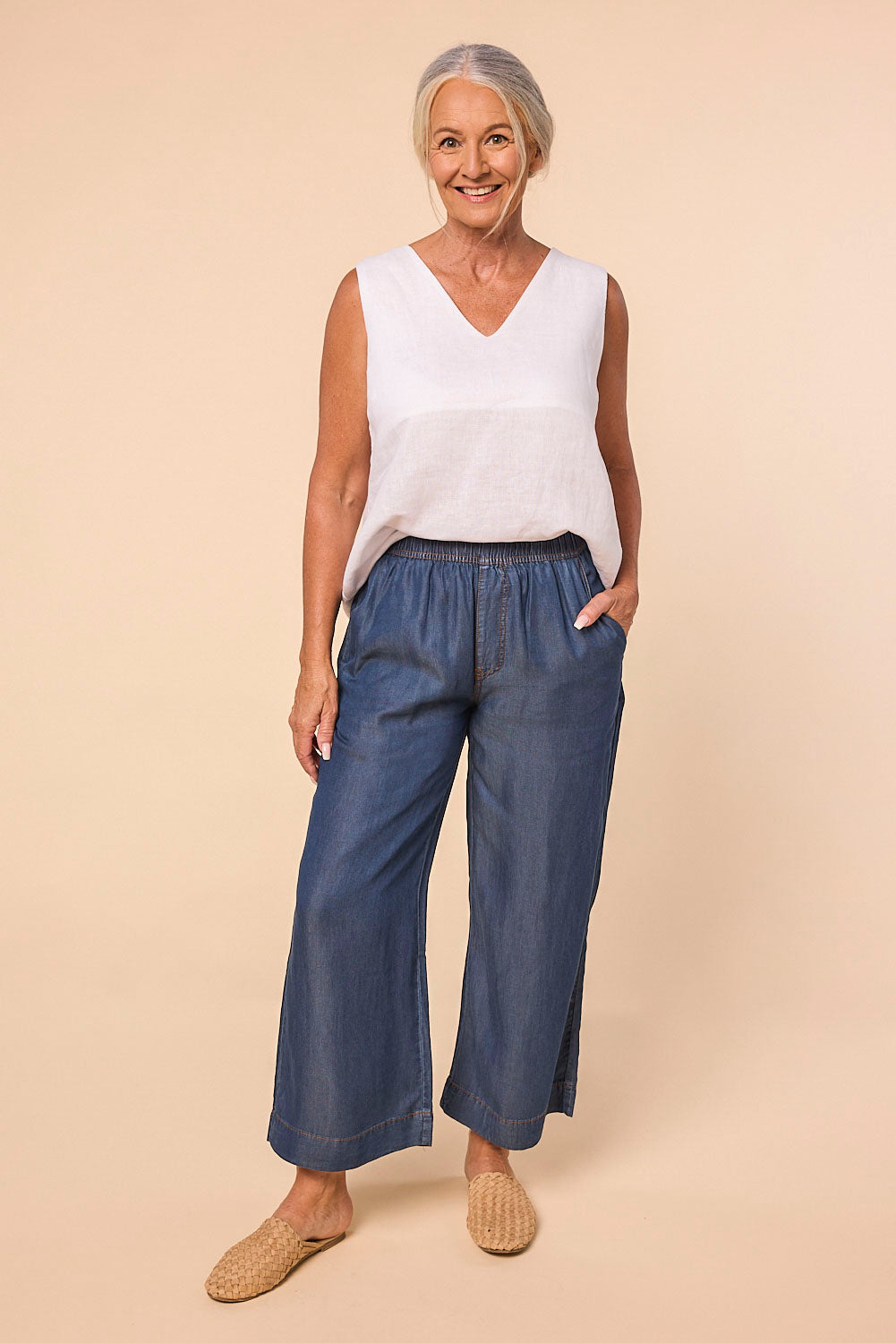 Breezy Cropped Relaxed Tencel Pant in Mid Wash