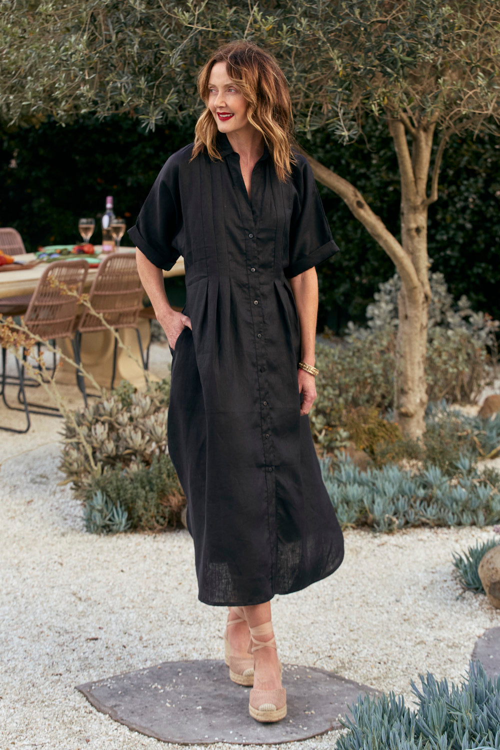 Bridget Linen Pleated Dress in Black