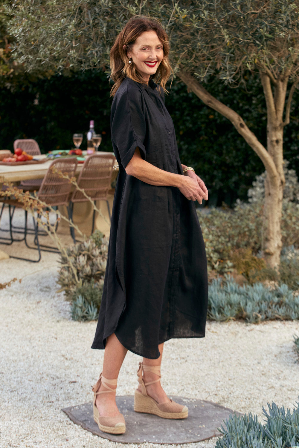 Bridget Linen Pleated Dress in Black
