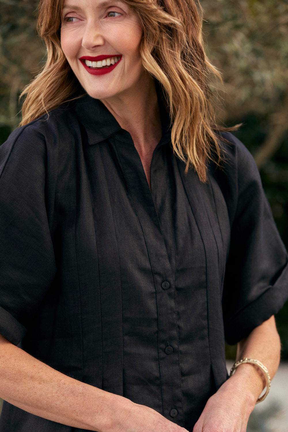 Bridget Linen Pleated Dress in Black