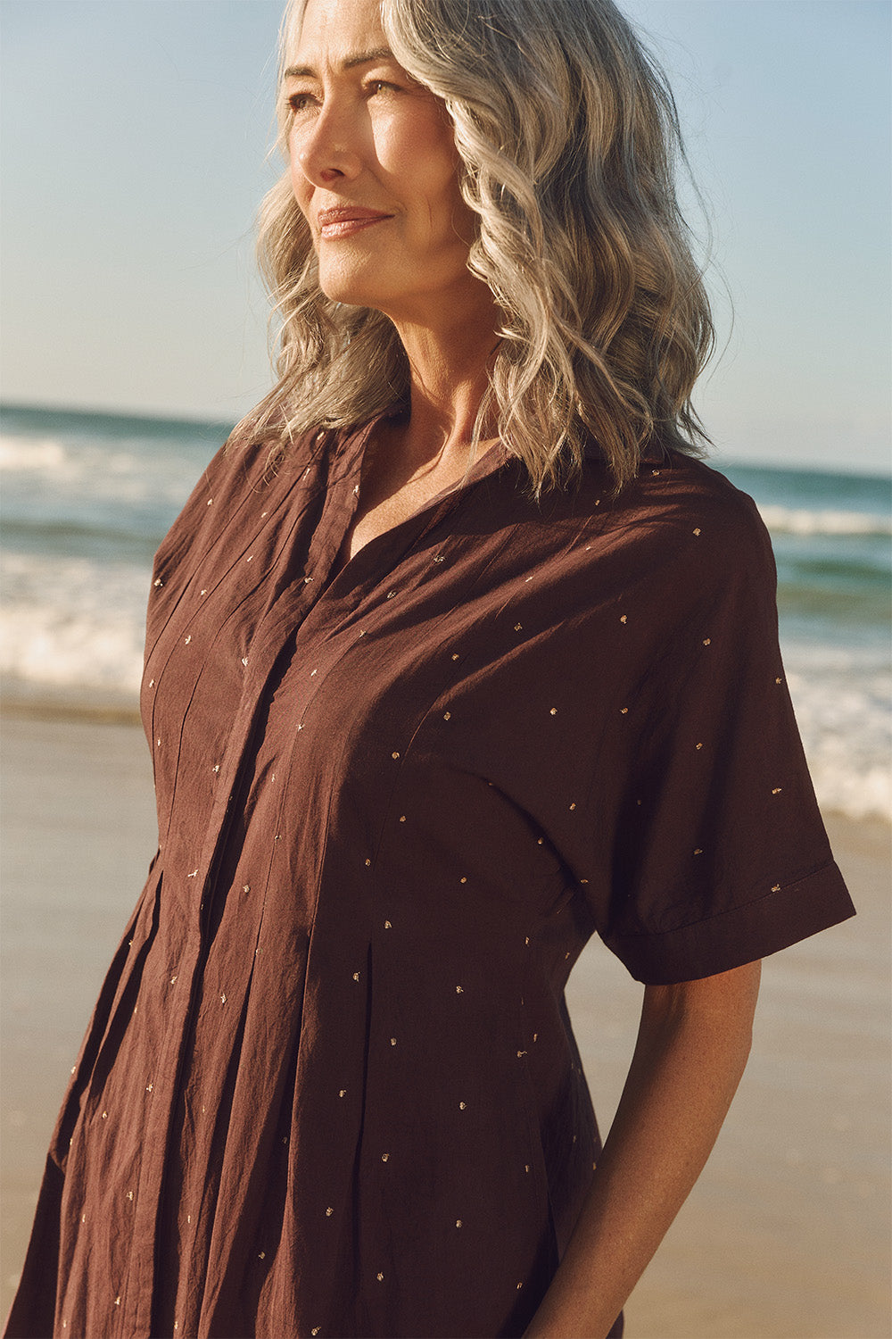 Bridget Pleated Dress in Chocolate Aurum