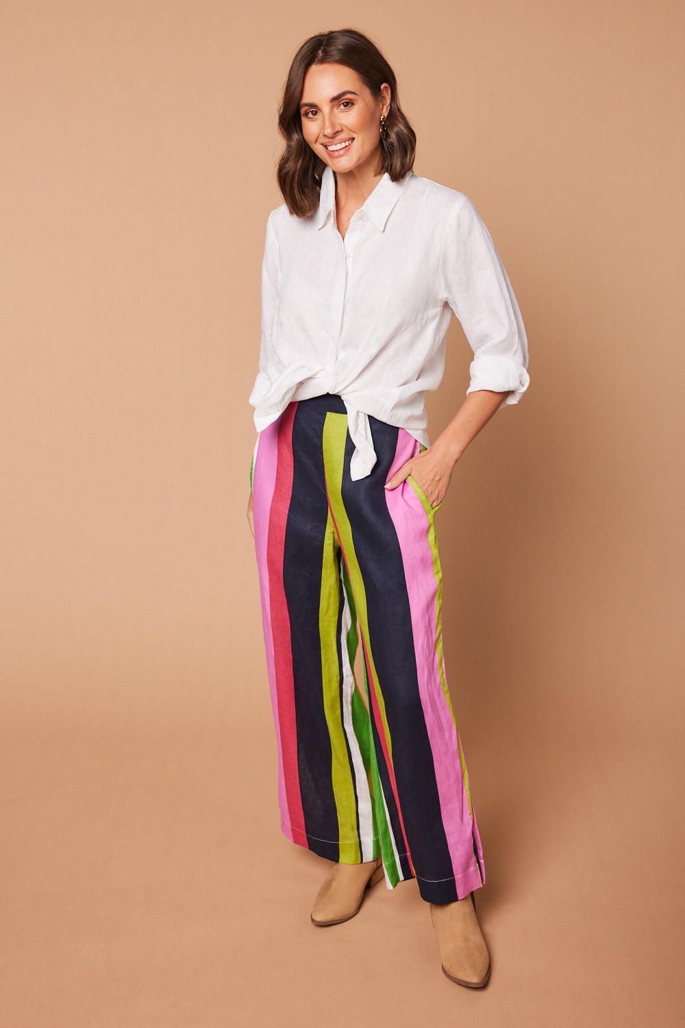Camille Linen Wide Leg Pant in Treviso Stripes
