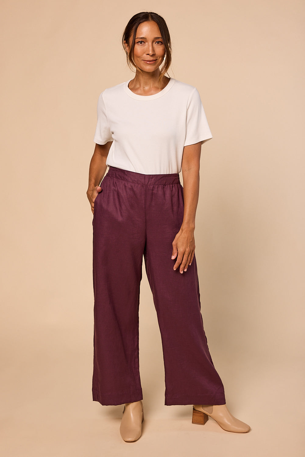 Camille Linen Wide Leg Pant in Plum