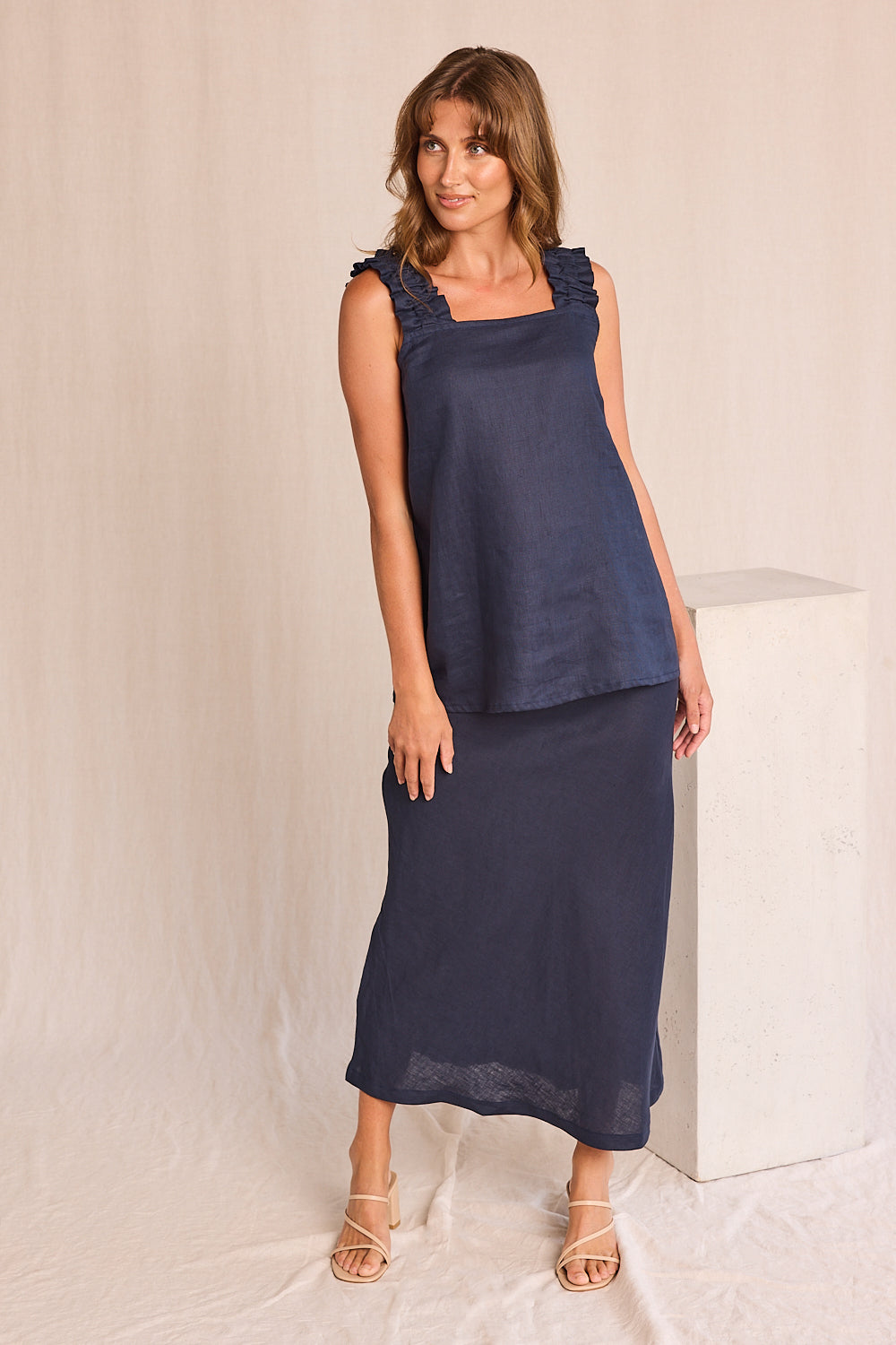 Katie Bias Cut Linen Skirt in Navy Linen Blend Elasticised Waistband Midi Length Skirt Adrift Clothing