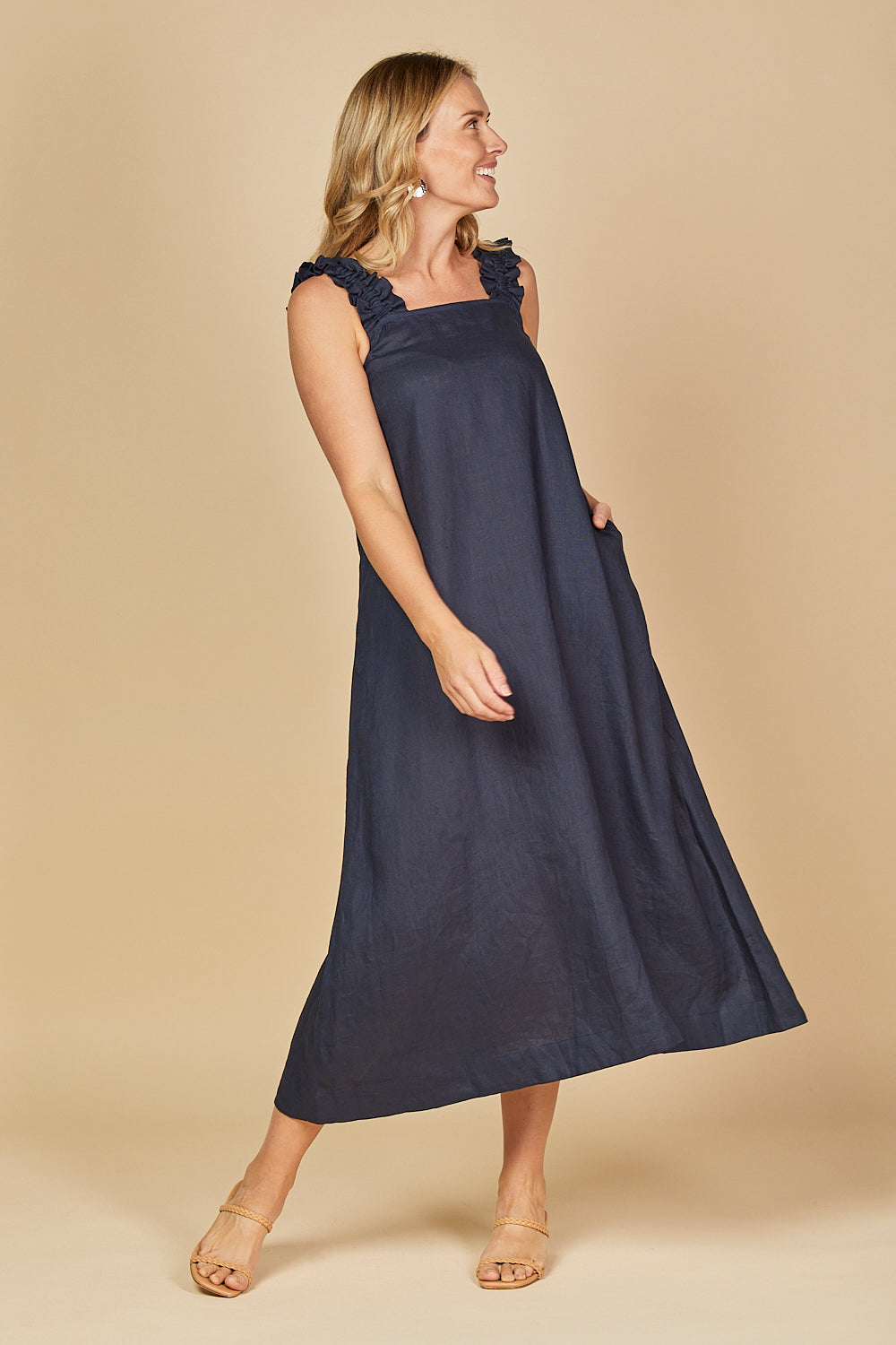 Claire Maxi Linen Dress in Navy