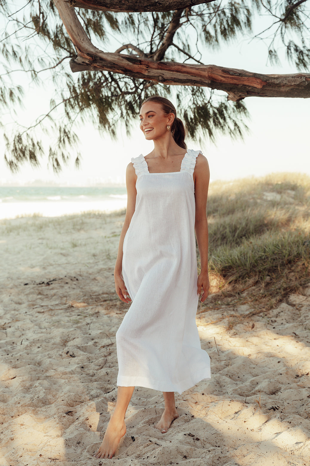 Claire Maxi Linen Dress in White Adrift Clothing