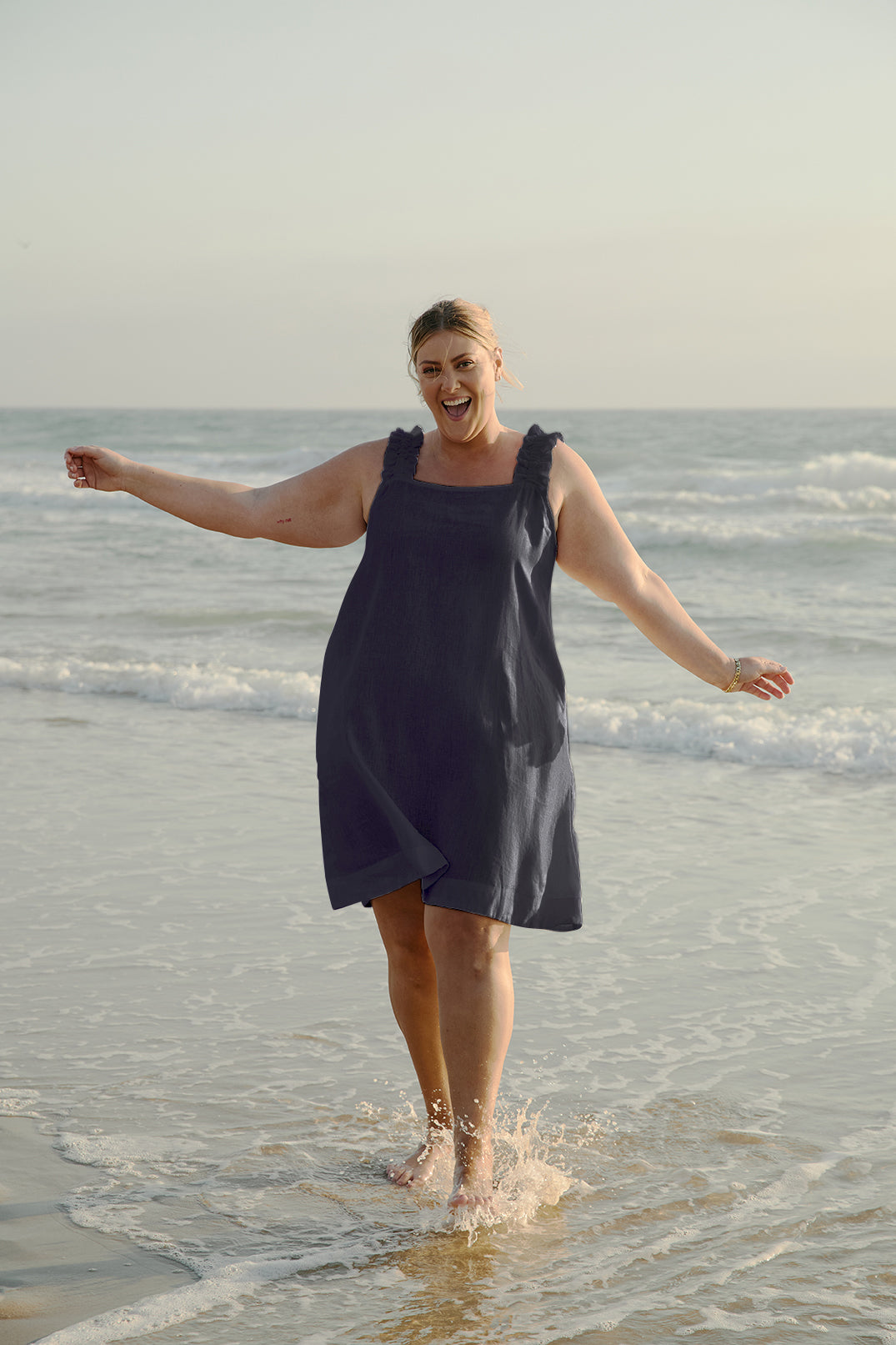 Claire Short Linen Dress in Navy