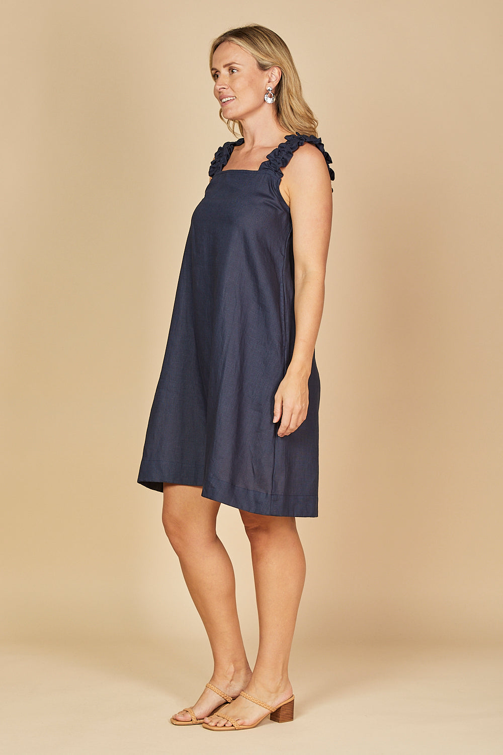 Claire Short Linen Dress in Navy