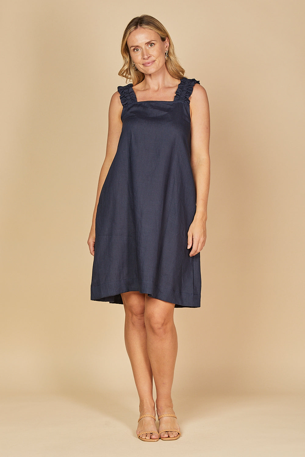 Claire Short Linen Dress in Navy