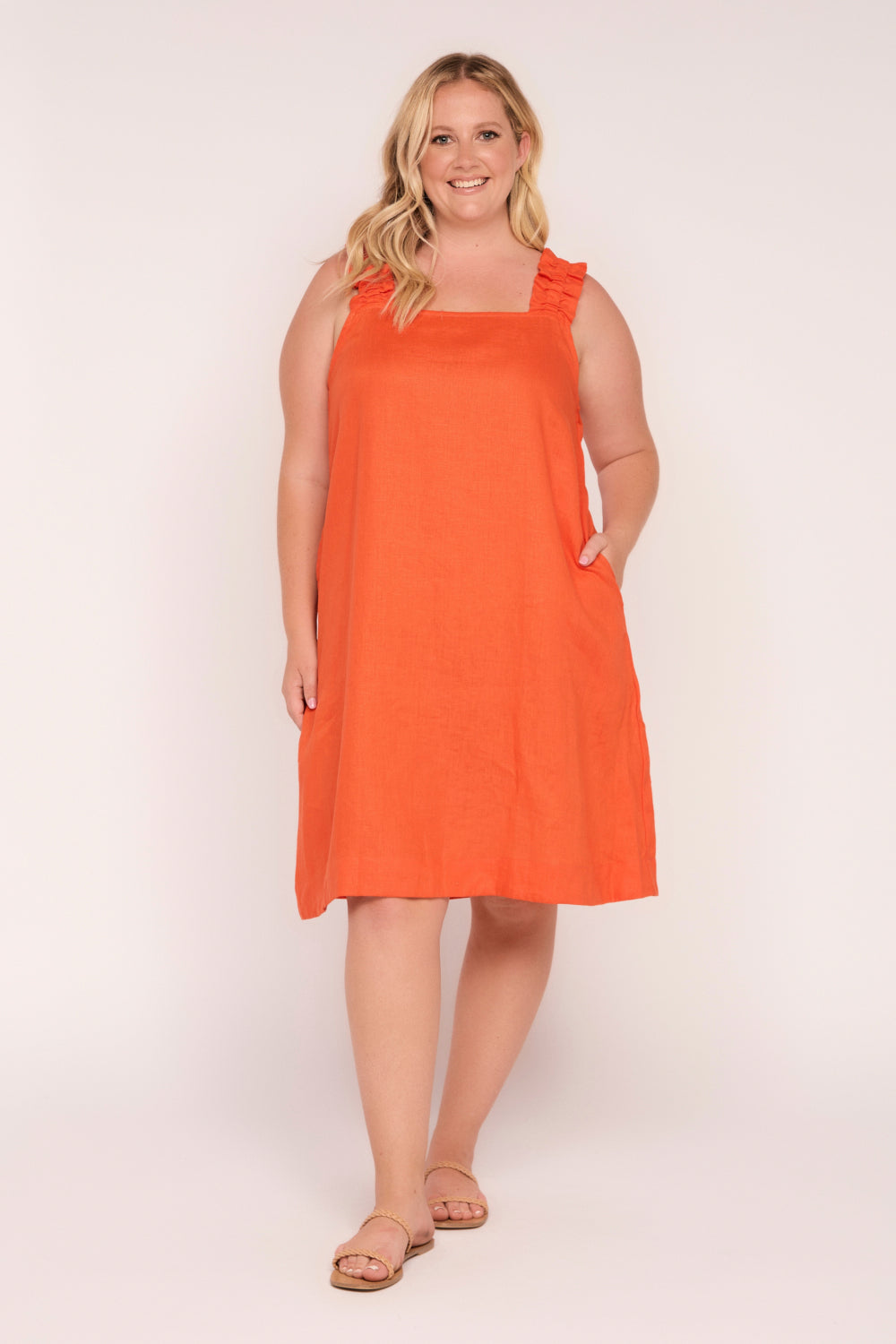 Claire Short Linen Dress in Tangerine