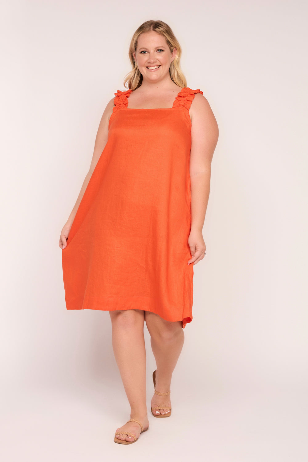 Claire Short Linen Dress in Tangerine