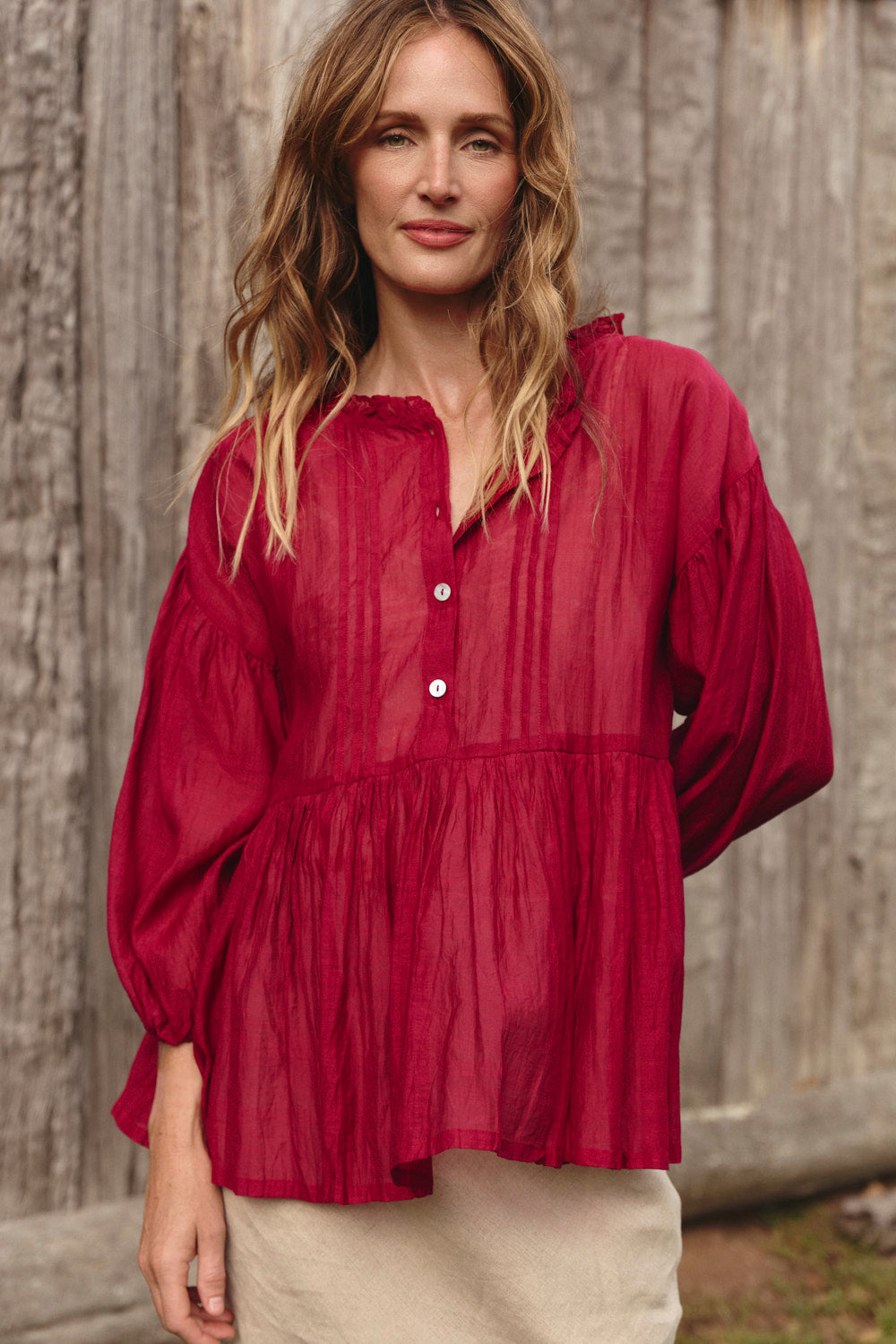 Coco Cotton Silk Blouse in Scarlet