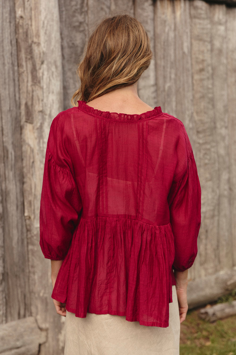 Coco Cotton Silk Blouse in Scarlet with long gathered billow sleeves and pin tucks, Australian womenswear by Adrift