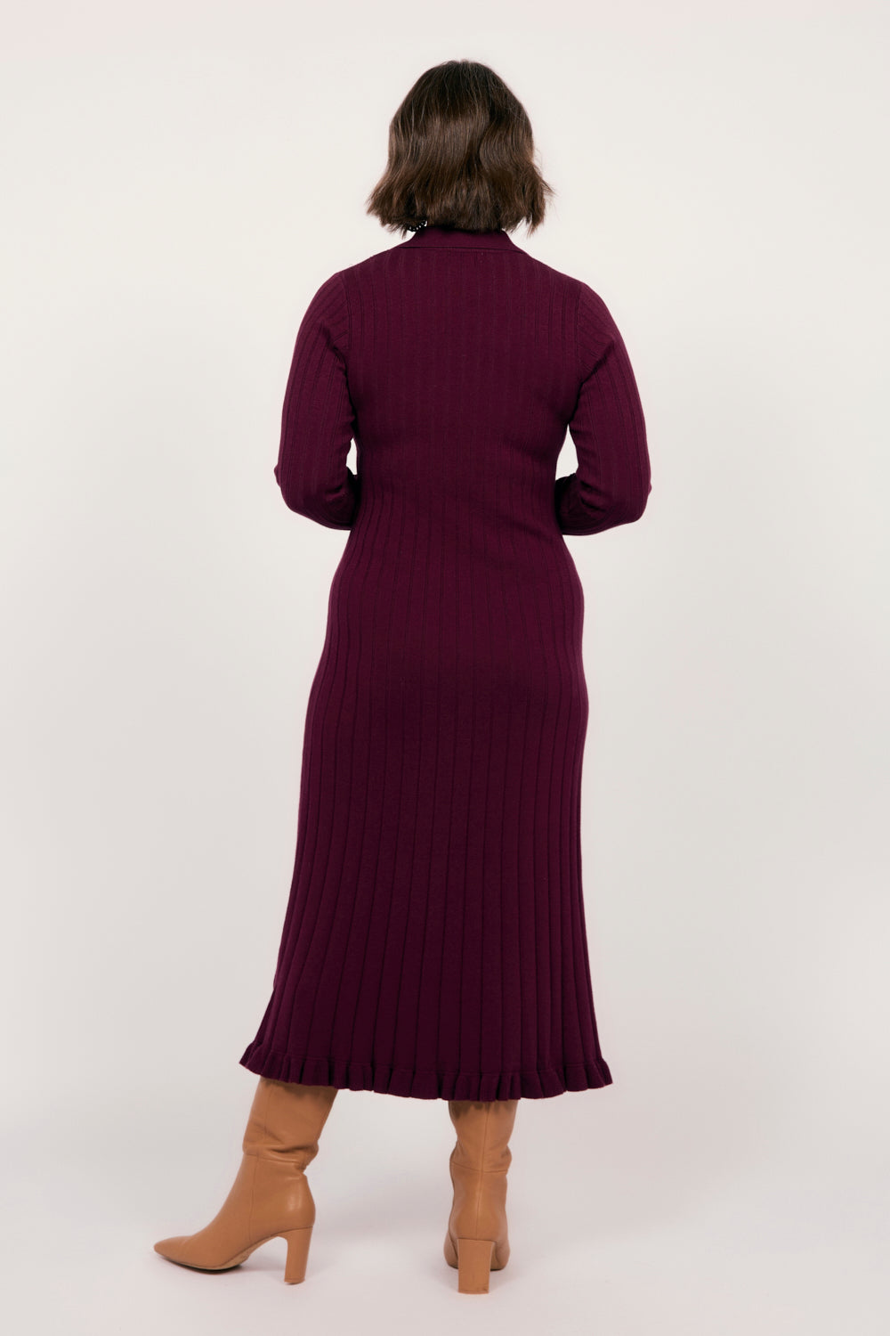 Collared Knitted Swing Dress in Plum