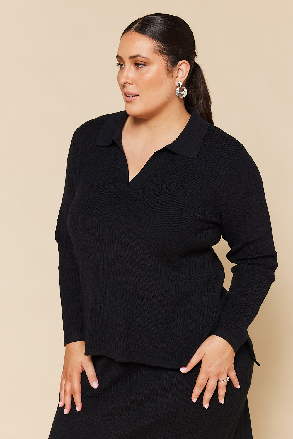 Collared Knitted Top in Black