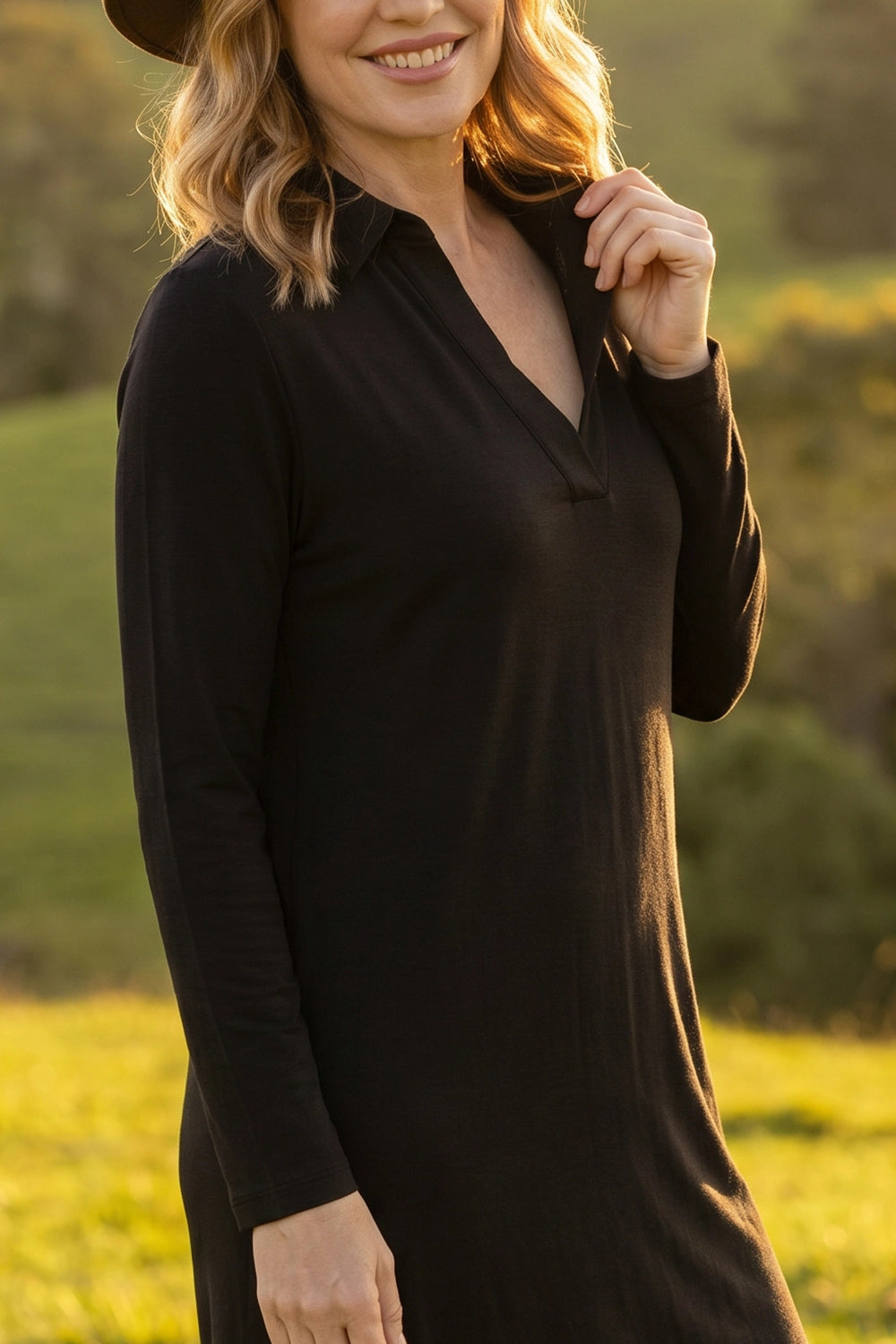 Long Sleeve Collared Swing Tee Dress in Black