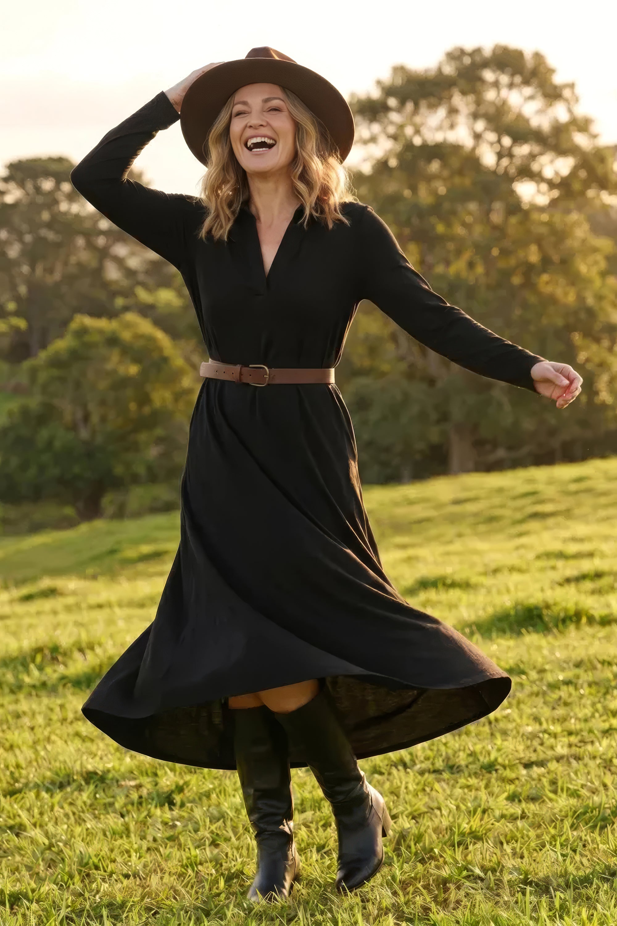 Long Sleeve Collared Swing Tee Dress in Black