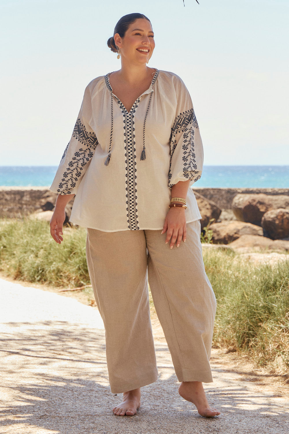 Danny Embroidered Top in Navy Embroidered