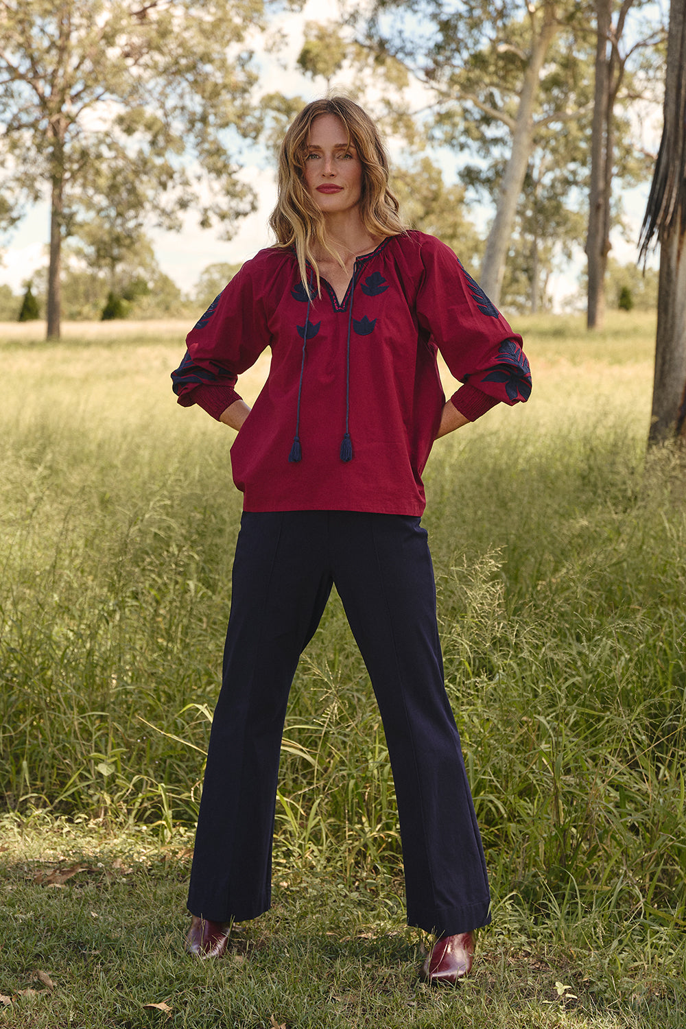 Danny V-Neck Top in Inkwell Burgundy