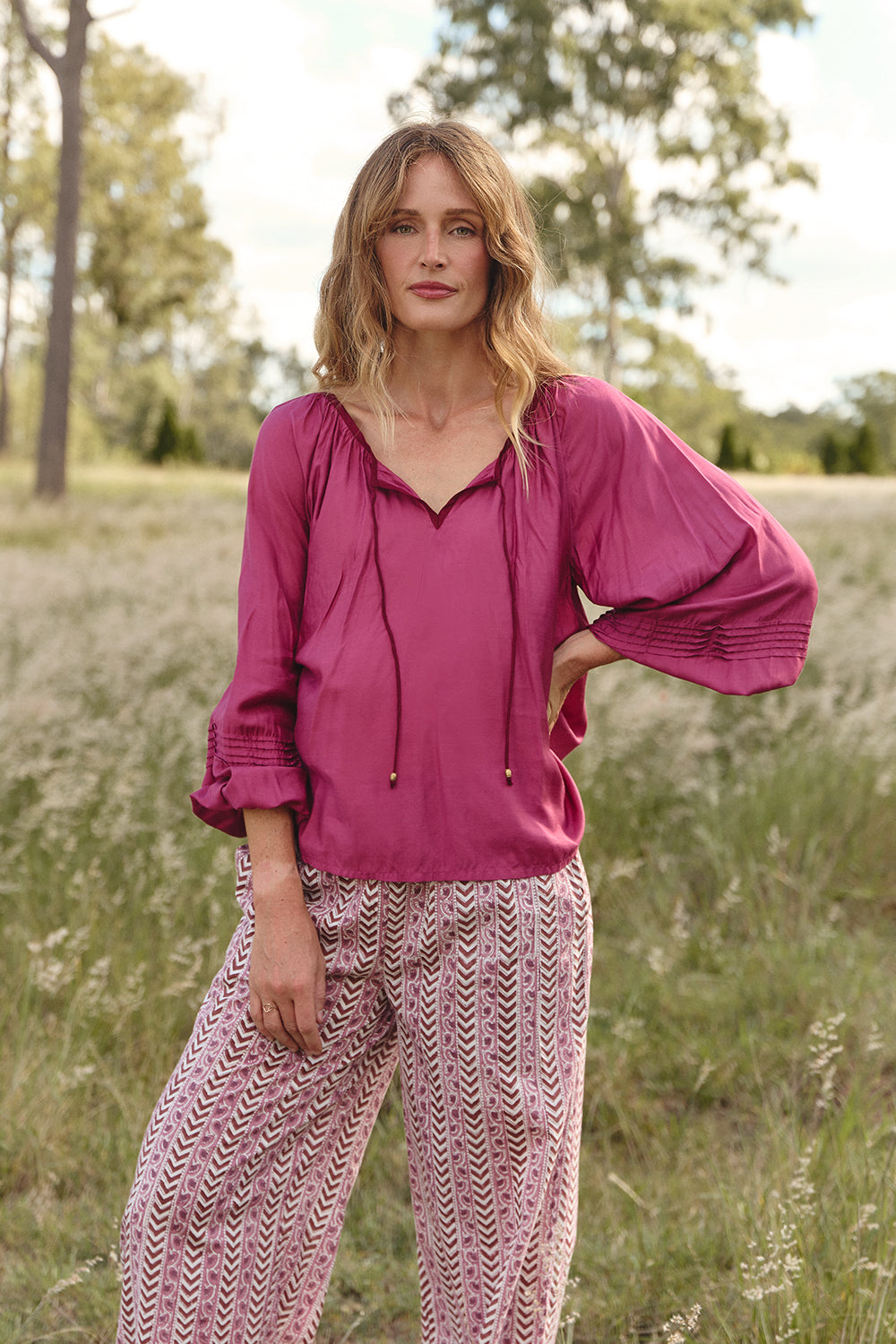 Delilah Cotton Silk Swing Blouse in Rose Wine