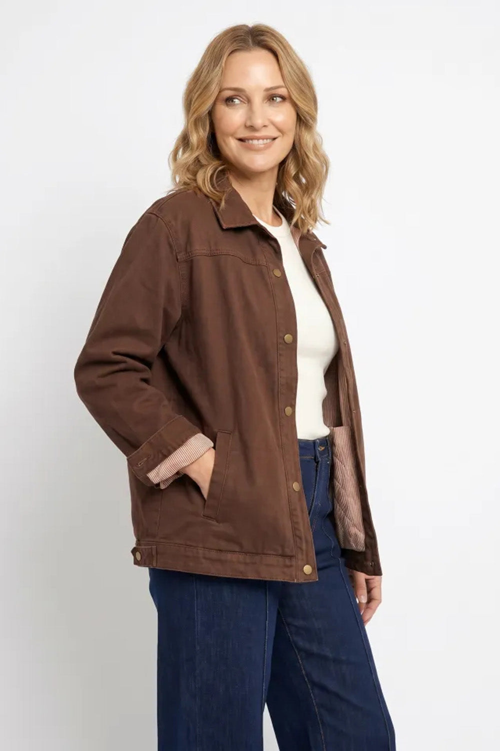 Denim Shacket in Chocolate with quilted lining through body and sleeves, Adrift Clothing