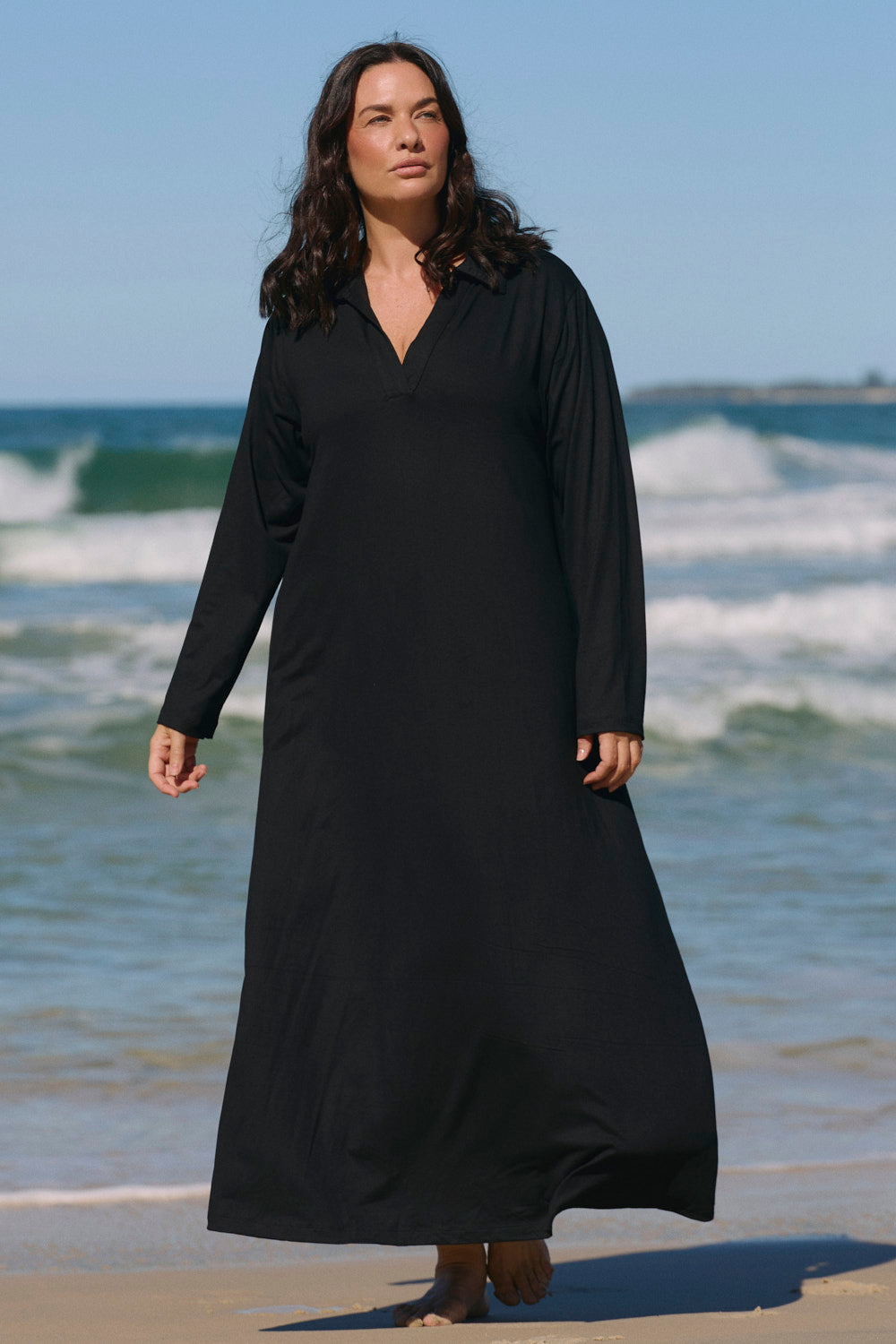 Collared Long Sleeve Swing Tee Dress in Black