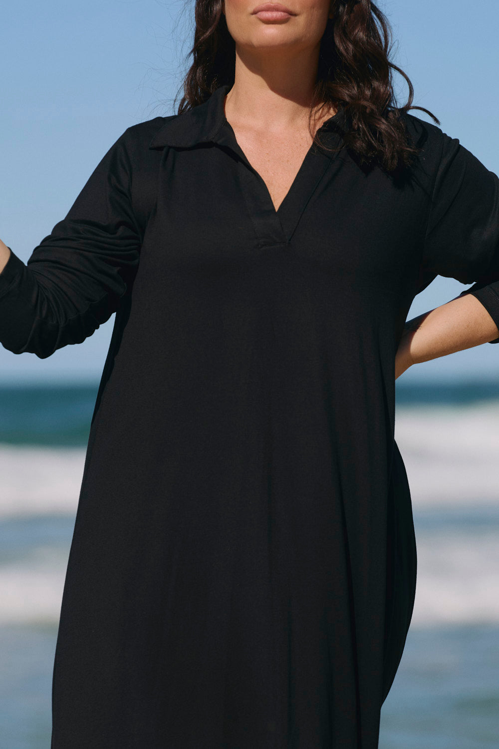 Collared Long Sleeve Swing Tee Dress in Black