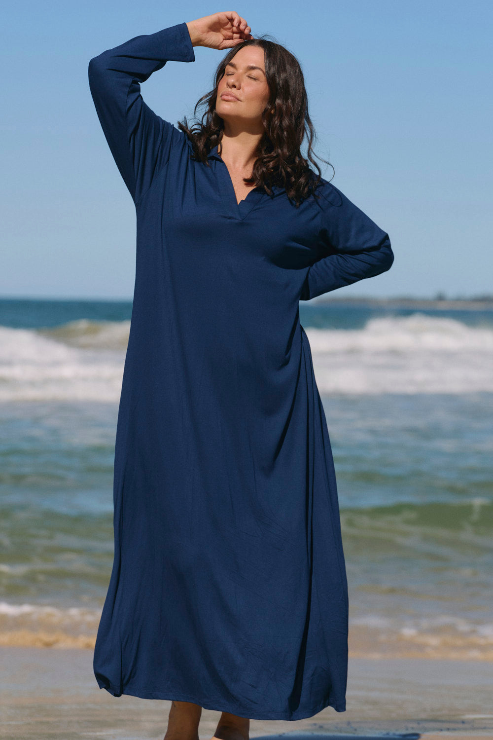 Collared Long Sleeve Swing Dress in Navy