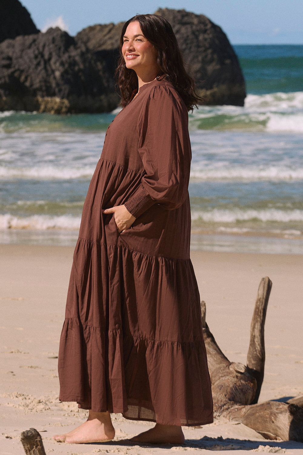 Sienna Billow Dress in Chocolate, lined through bodice and skirt in breathable cotton voile, Adrift Clothing