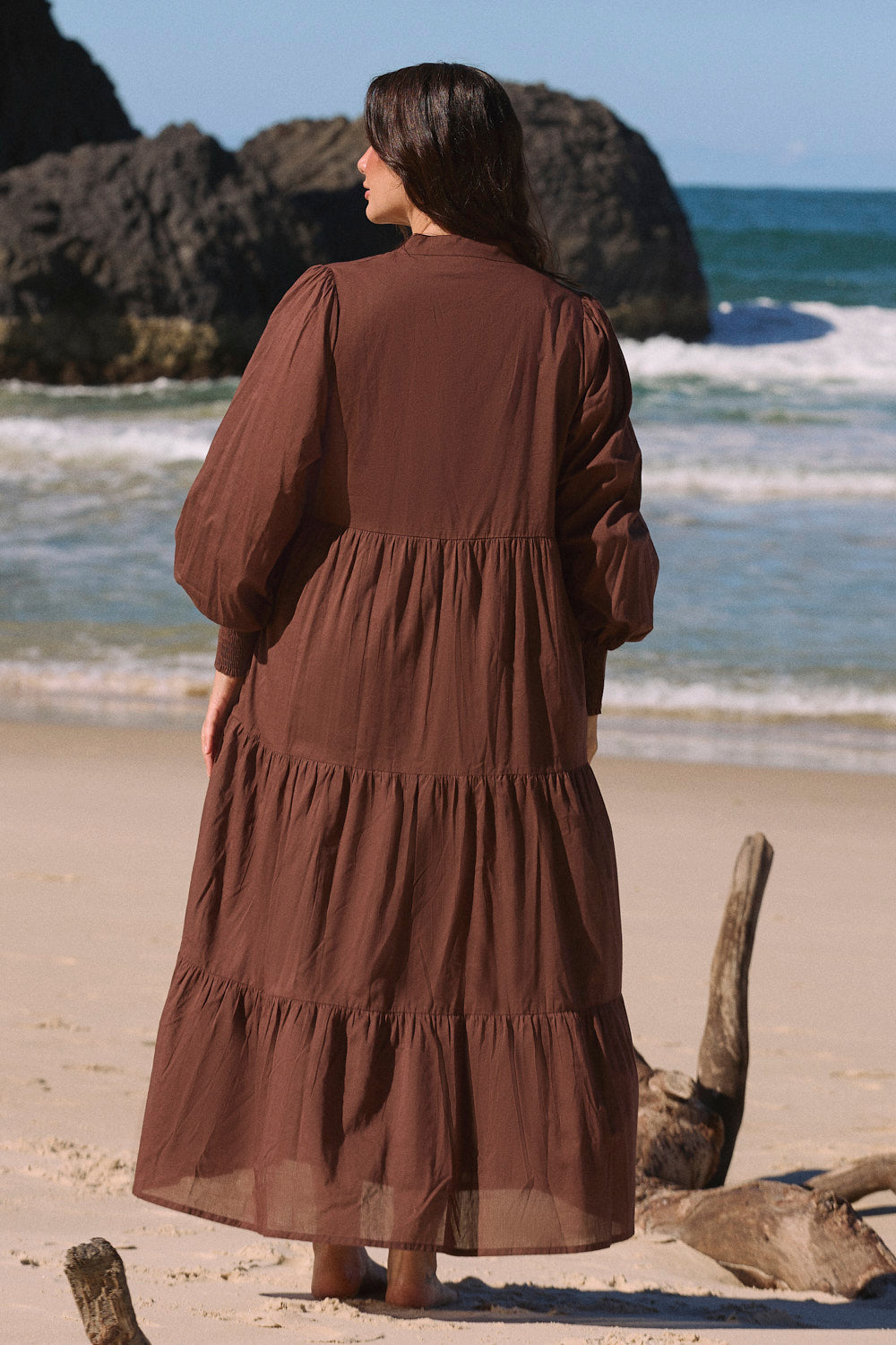 Sienna Billow Dress in Chocolate, airy floaty maxi designed in Brisbane Australia by Adrift