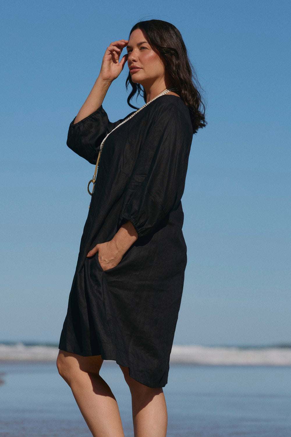 Hazel Short Linen Dress in Black