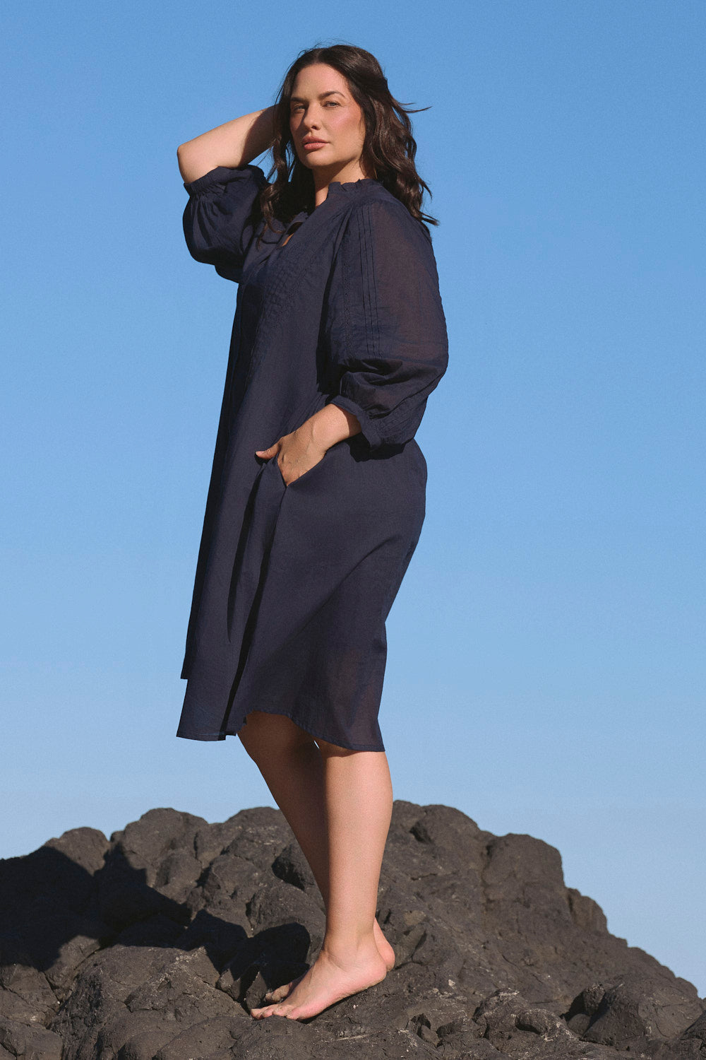 Harper Pintuck Dress in Navy Lyric