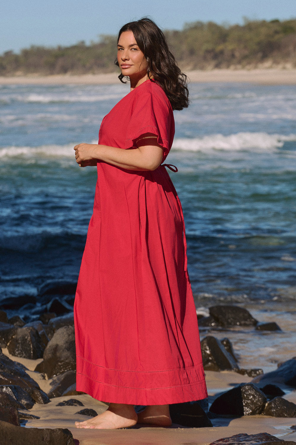 Tatum Flutter Sleeve Dress in Red Poplin featuring pockets and stitched waist ties, Australian womenswear by Adrift